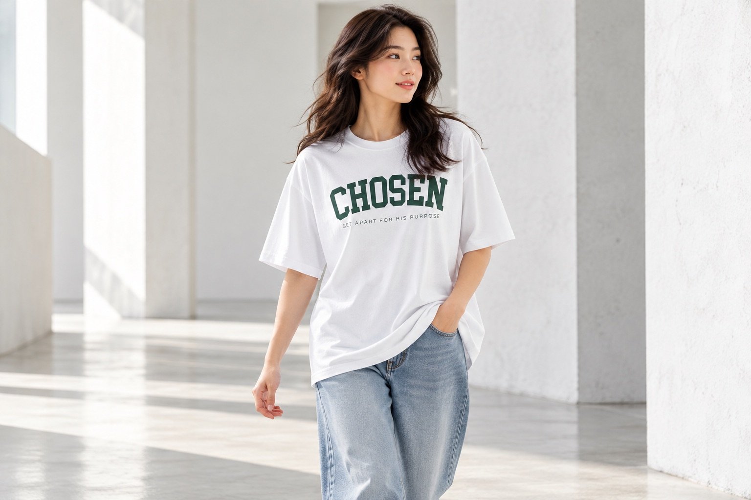 QAVA Chosen T-shirt photographed in a bright minimal corridor