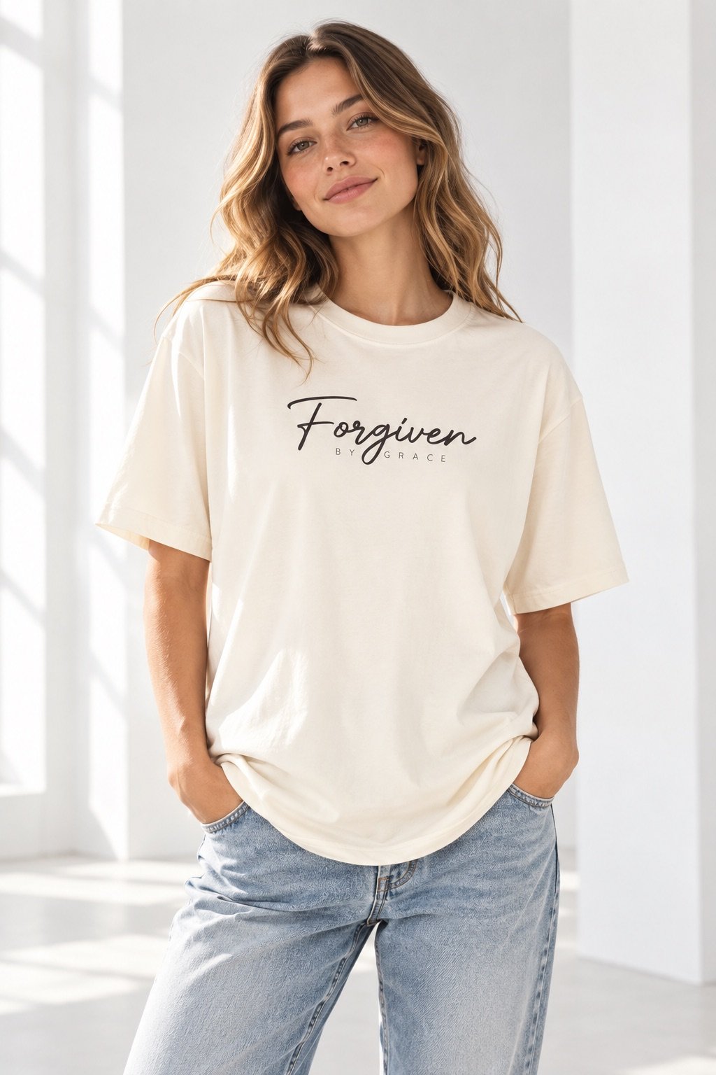 QAVA Forgiven by Grace T-shirt in a minimal studio