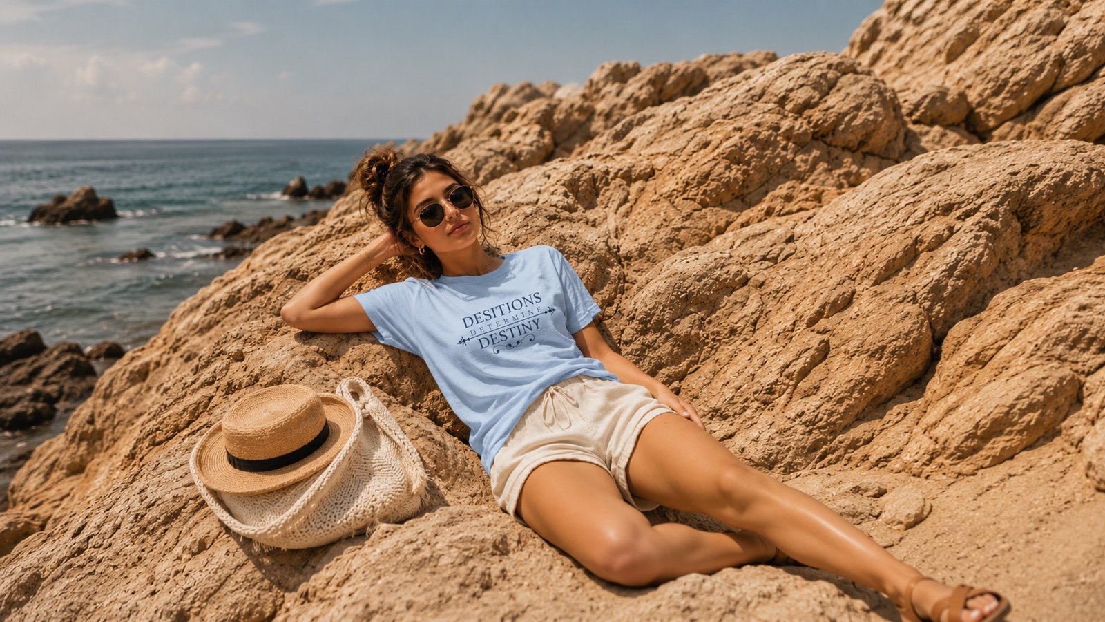 QAVÁ model in a blue faith-inspired T-shirt beside the coast