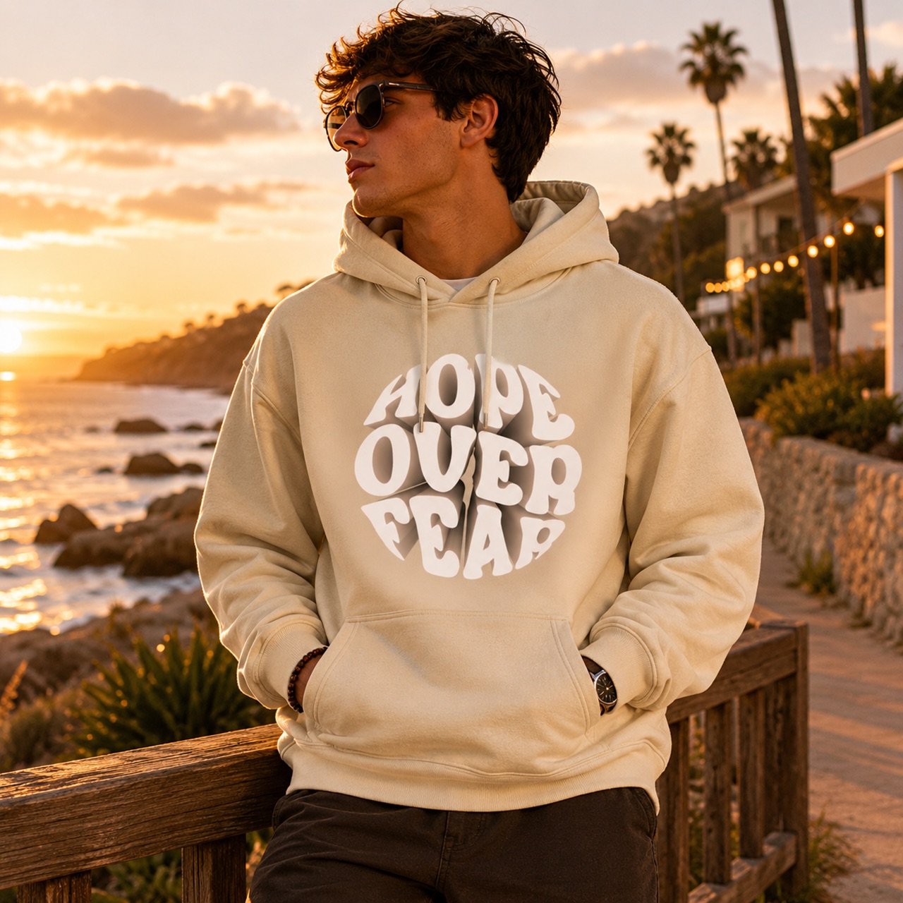 QAVÁ Hope Over Fear hoodie in natural light