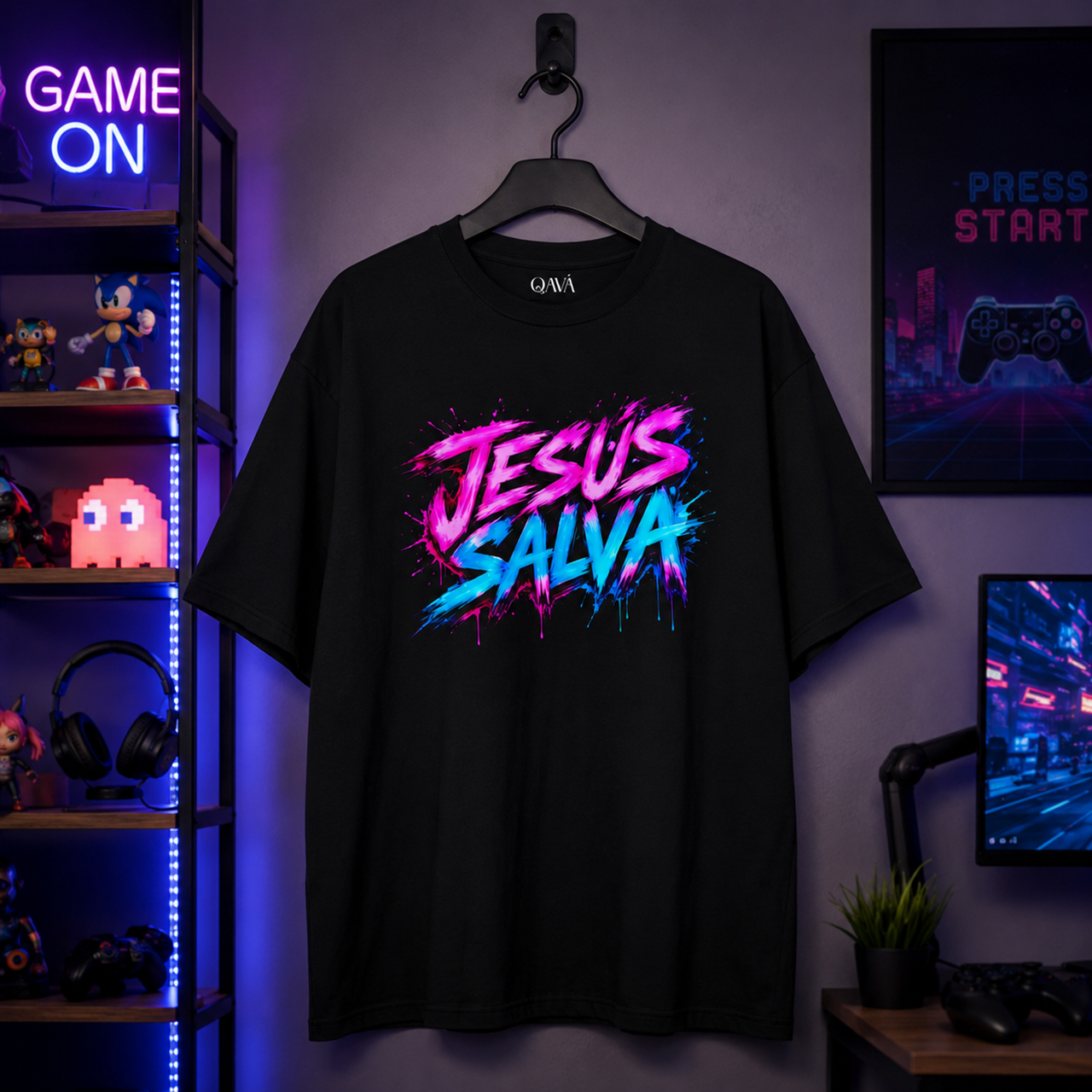 Jesus Saves – Neon Gamer Oversized T-Shirt - Image 3