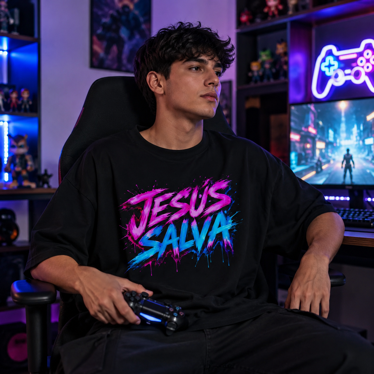 Jesus Saves – Neon Gamer Oversized T-Shirt - Image 4