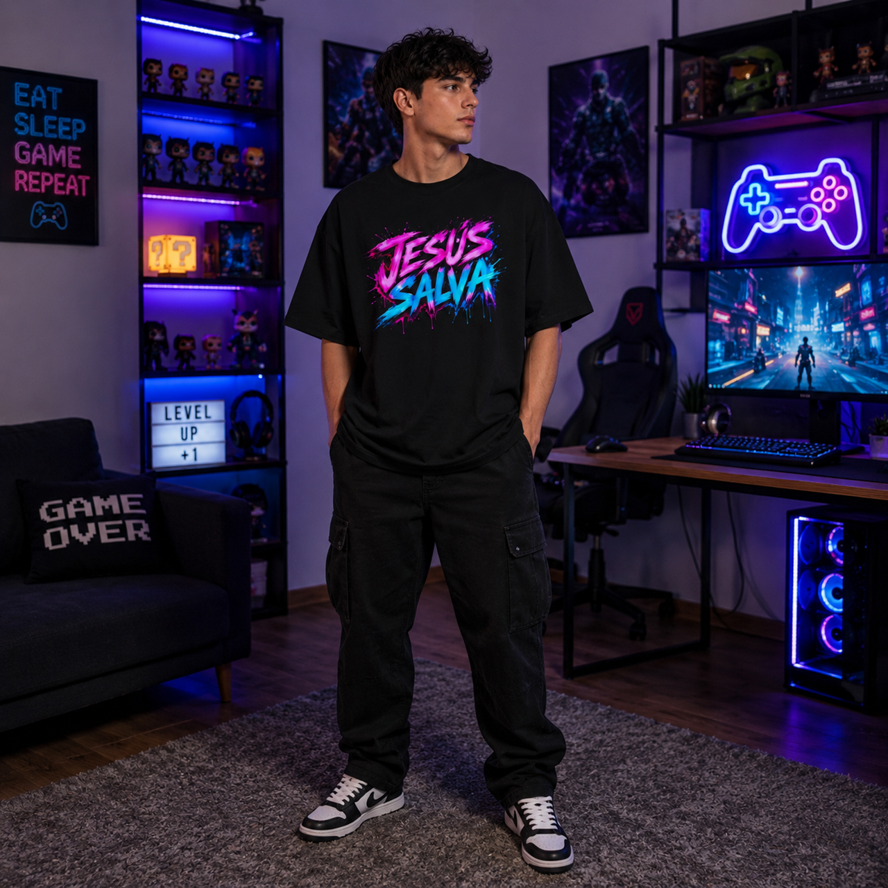 Jesus Saves – Neon Gamer Oversized T-Shirt - Image 2
